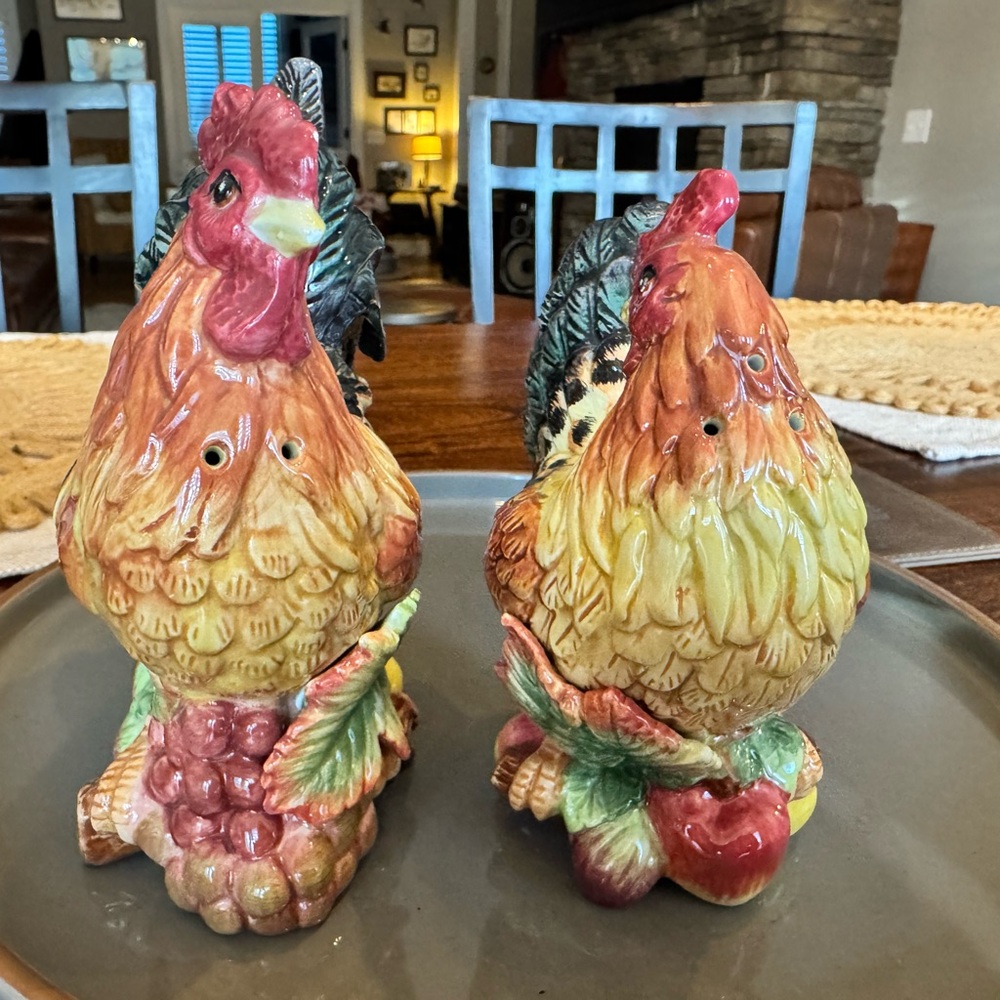 Colorful Rooster Fitz and Floyd Salt and Pepper Shakers